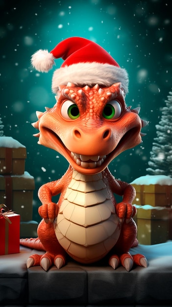 New Year cartoon Red dragon with santa claus hat