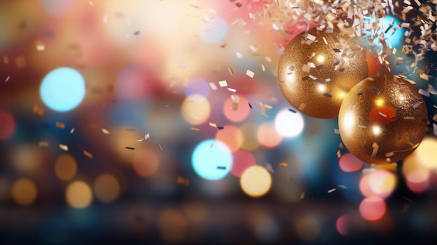 Foto sfondo festivo di celebrazione del nuovo anno con palloncini di coriandoli che cadono e luci bokeh