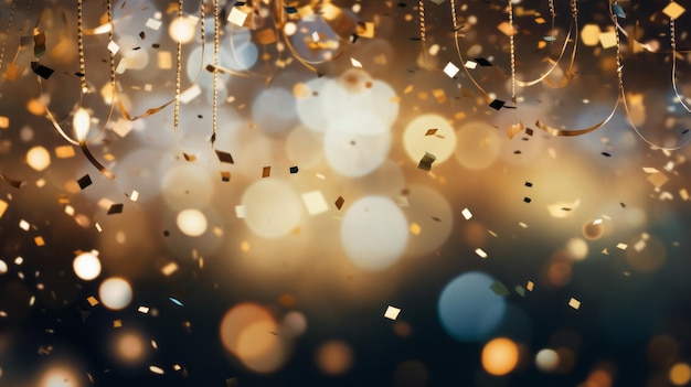 New year celebration festive background with falling confetti and bokeh lights