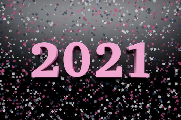 Новогодняя поздравительная открытка с жирными розовыми цифрами 2021 года на темной поверхности со случайным блестящим конфетти