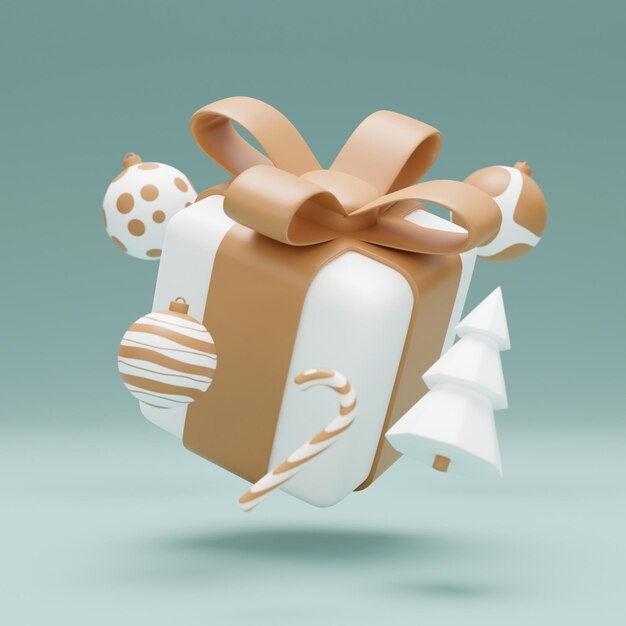 new year and christmas 3d design gold and white realistic gifts box xmas fir tree ball candy and decorative elements holiday banner 3d render image of christmas holiday