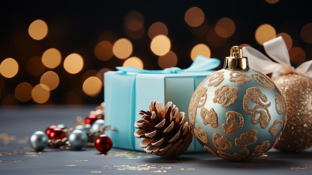 新年やクリスマスの背景には松の円<unk>カラフルなボールや贈り物が描かれています