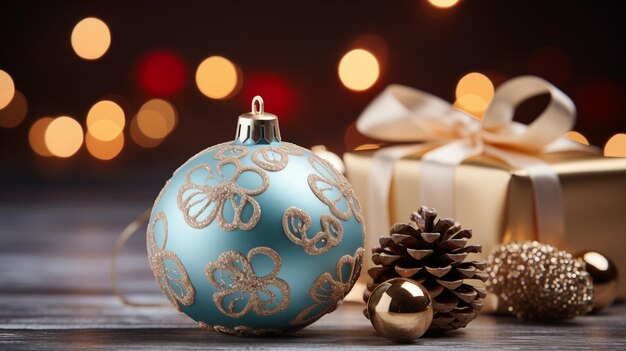 New Year or Christmas background with pine cones colorful balls and gifts