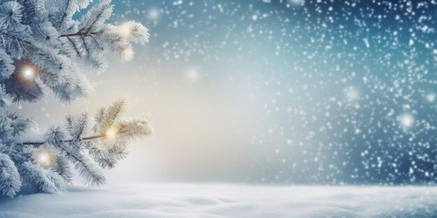 New Year Christmas background with white fir tree and snowflakes Generative AI