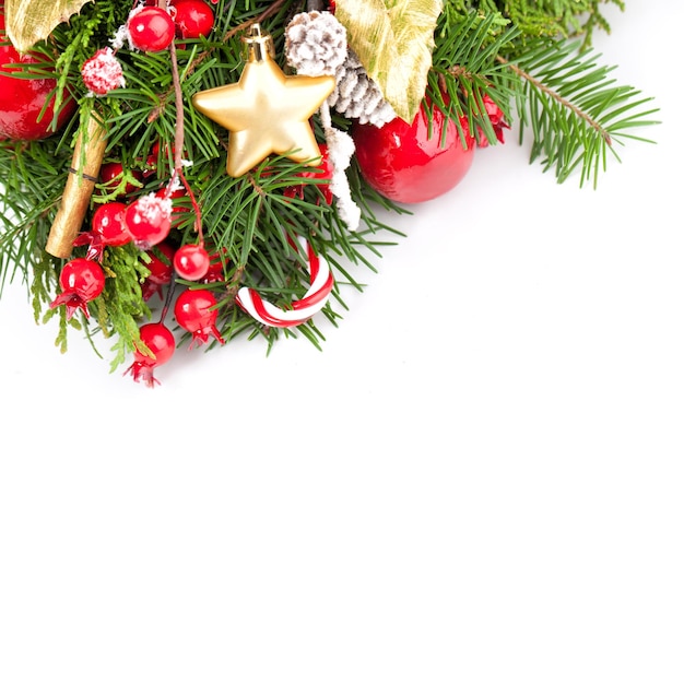 New Year or Christmas Background with Winter Decoration, Xmas Tree and Candy on White Background