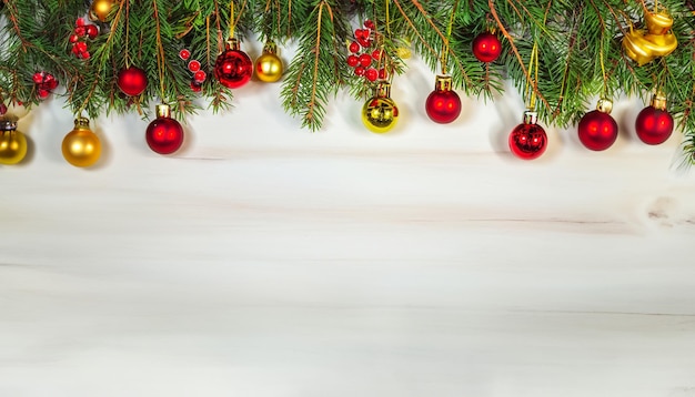 New Year and Christmas background with xmas tree on a wooden white background Merry christmas