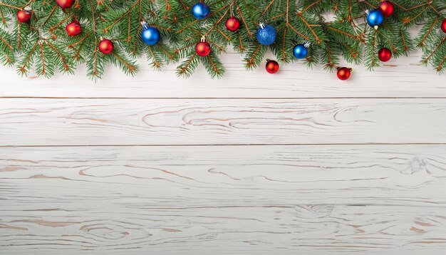 New Year and Christmas background with xmas tree on a wooden white background Merry christmas