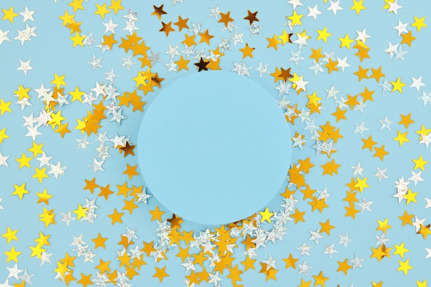 New Year Christmas or Birthday background Round podium and scattered holiday confetti