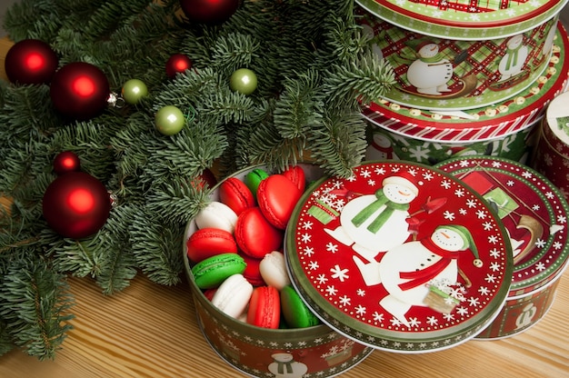 New Year Christmas cookies with Christmas decorations and the Christmas tree branch