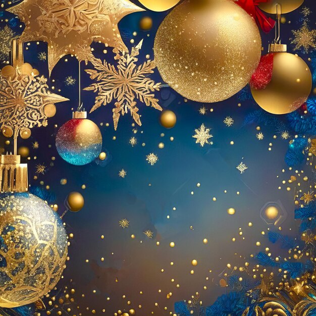 New Year Christmas fantastic background with golden balls snowflakes and birds