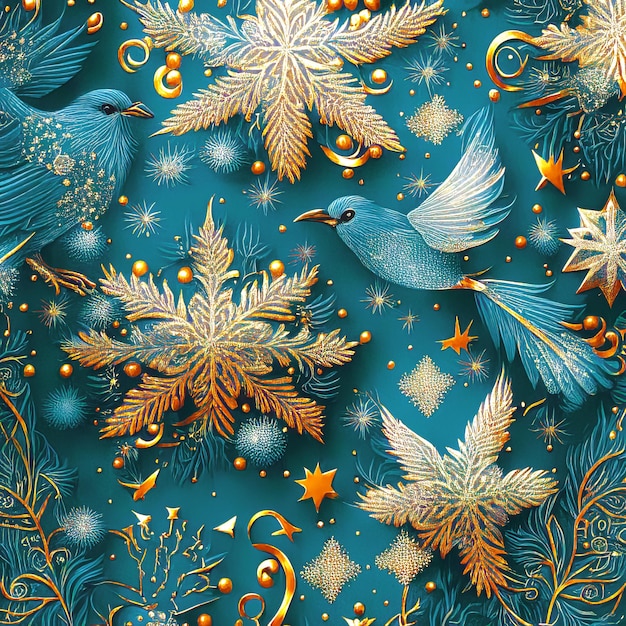 New Year Christmas fantastic background with golden balls snowflakes and birds