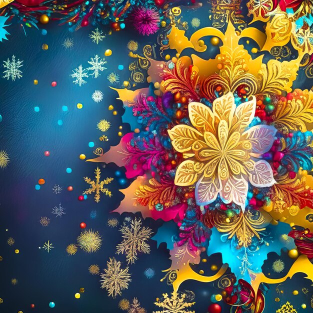New Year Christmas fantastic background with golden balls snowflakes and birds