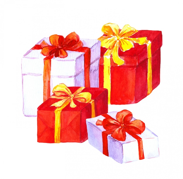 New year, christmas gifts. Red, white boxes