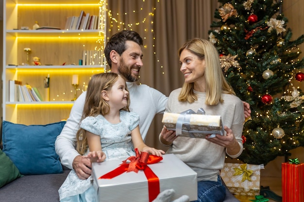 New year and christmas holidays happy family with daughter exchanging gifts and greeting each other