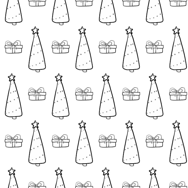 New Year, Christmas seamless pattern on white background. Black doodle winter design. Xmas print.