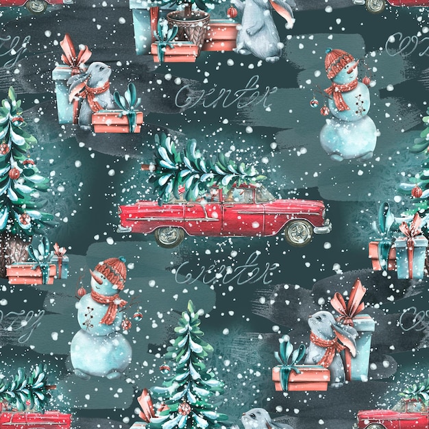 New Year Christmas seamless pattern with a red retro car Christmas trees hares snowmen snow on a dark blue one Watercolor illustration from a large set of COZY WINTER For fabric textiles