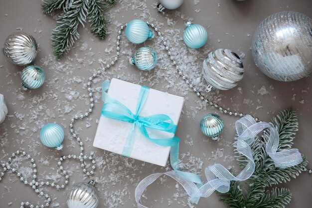 New year and christmas tree decorations on grey background