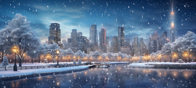Photo new year and christmas winter city background with copy space