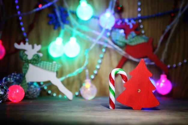 New year composition Christmas tree decorations on the table