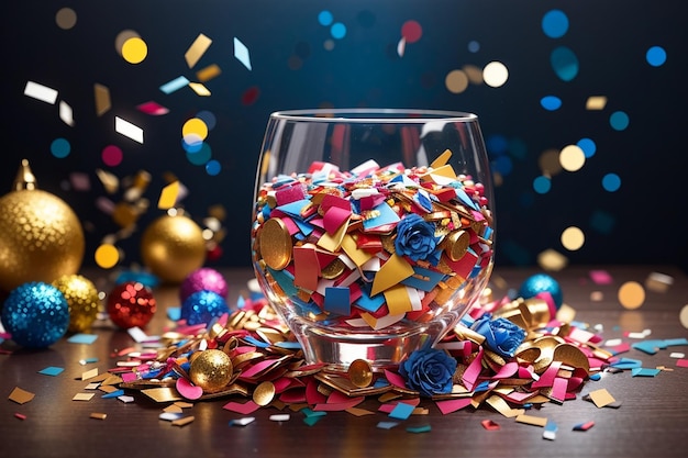New year composition with colorful confetti in glass