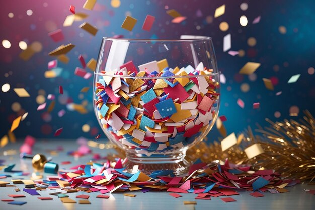 New year composition with colorful confetti in glass