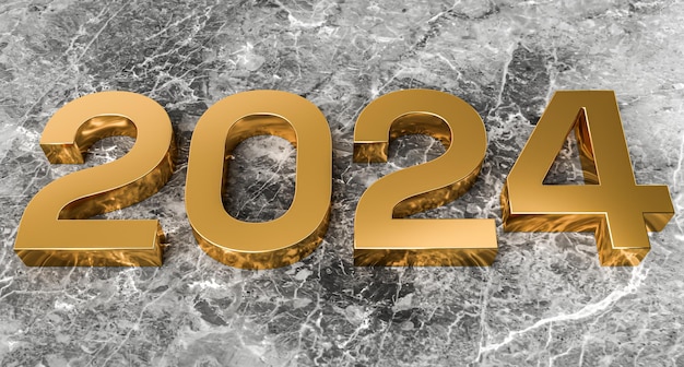 New year concept Golden number 2024 on marble background 3d rendering