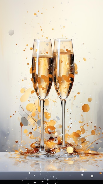 New Year concept Painting of Champagne glass