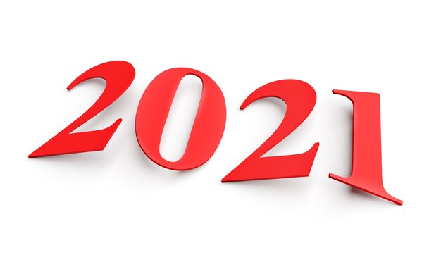 새 해 개념. 빨간색 기울어 진 숫자 2021 흰색 절연