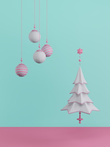 New Year concept.Set of Christmas balls and tree in colorful style on green background.