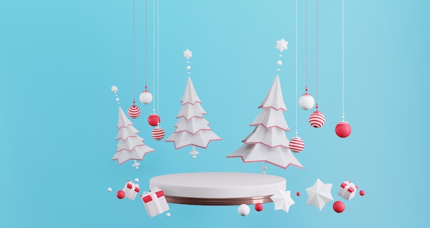 Photo new year concept. set of colorful christmas balls,trees and star on empty circle pedestal.