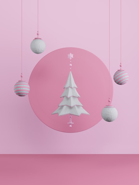 Photo new year concept.set of colorful christmas balls and white tree on pink background.