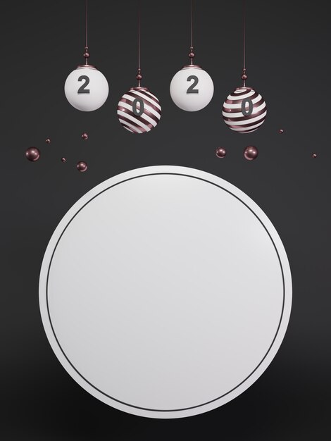 写真 新年のコンセプト。白いクリスマスボールと空の円の背景に年を変更するための2020番号のセット。