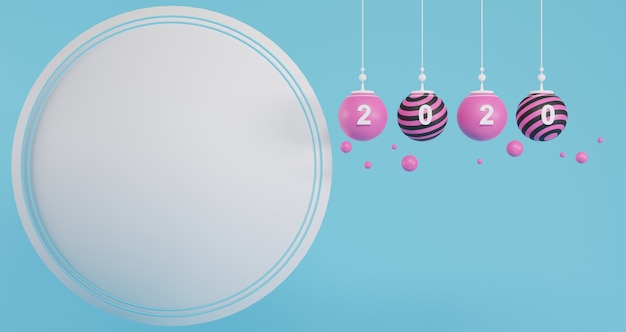 Photo new year concept. set of pink christmas balls and 2020 number for changing the year on empty circle background.