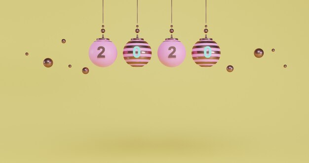 New Year concept. Set of pink Christmas balls and 2020 number for changing the year on yellow background.