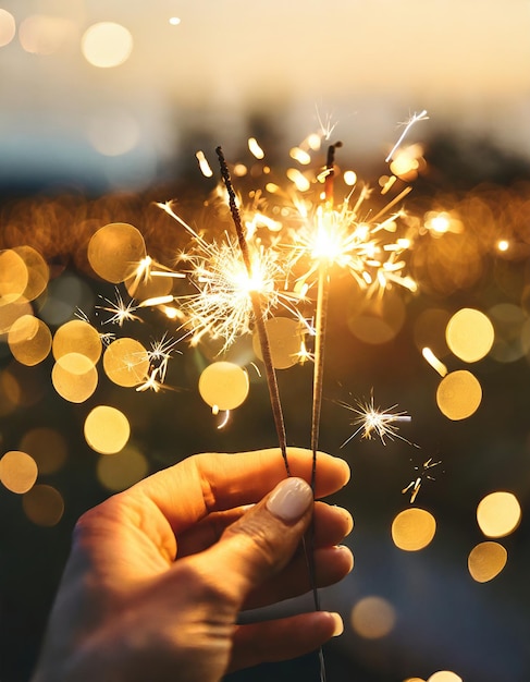 Photo new year concept with hand holding sparkler bokeh background