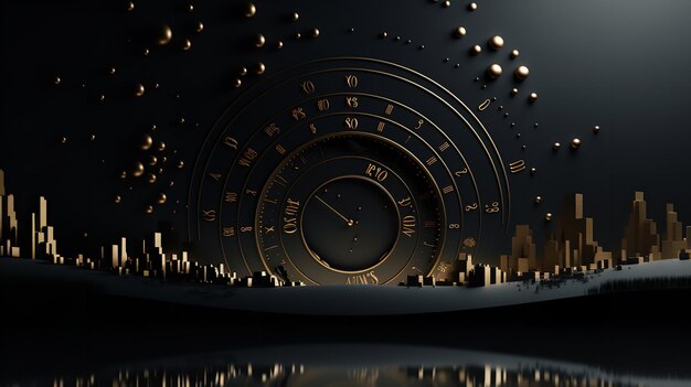 For new year countdown an abstract picture with a big clock and a city in front of it on a dark backdrop generative ai