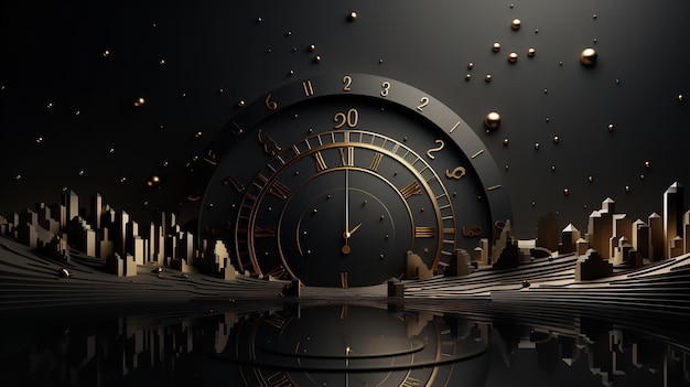 For new year countdown an abstract picture with a big clock and a city in front of it on a dark backdrop Generative AI