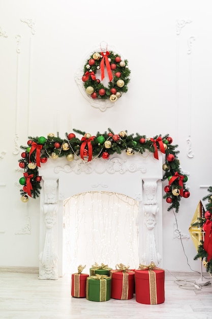 New year cozy home interior with christmas tree and garlands