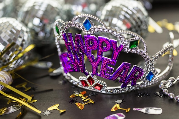 New year decoration. Closeup on wooden table.