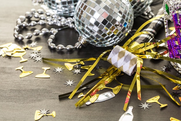 New year decoration. Closeup on wooden table.