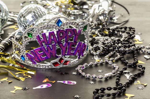 New year decoration. Closeup on wooden table.