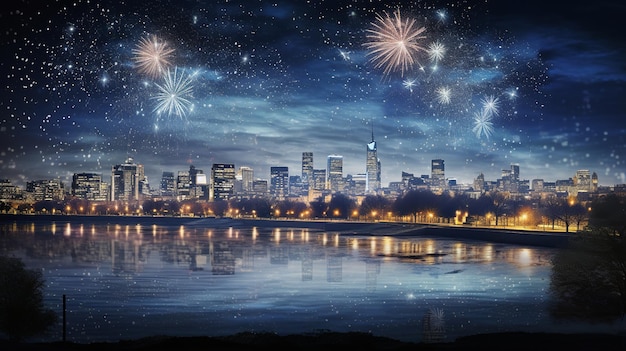 New year eve skyline with fireworks