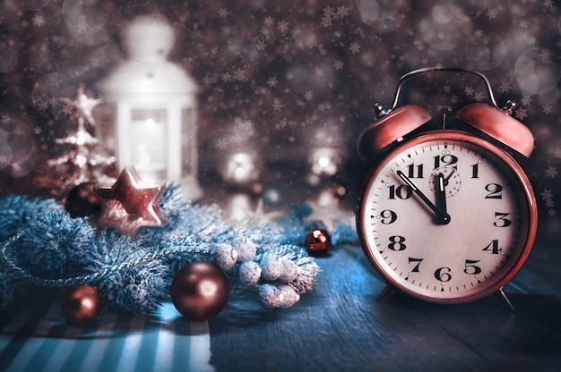 New Year Eve, still life with alarm clock, toned image