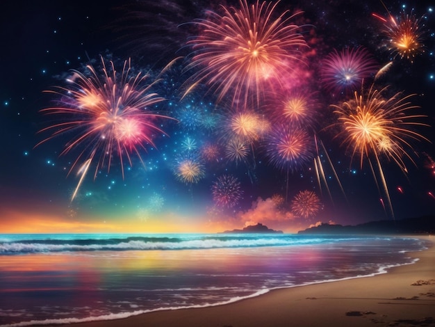 New year fireworks on the bank of beach abstract background