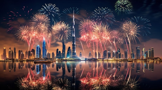 new year fireworks display in dubai uae with beautiful reflection