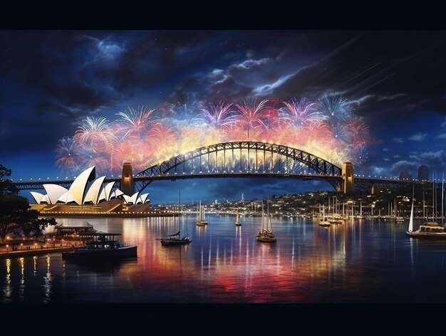 Photo new year fireworks sydney bridge