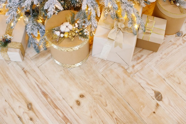 New year gifts on a wooden background Christmas