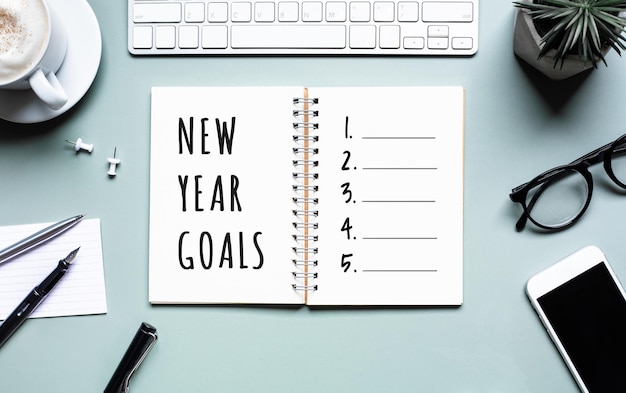 New year goals concepts with text on notepad and office accessories.Business management,Inspiration to success ideas