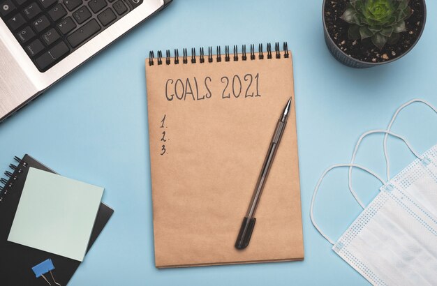 New year goals notepad on home office desk