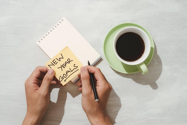 New year goals or resolutions yellow sticky notes with coffee on table